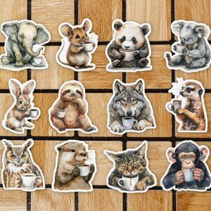 Wild About Coffee Sticker Pack of 12 Vinyl Stickers - Waterproof Animal Stickers